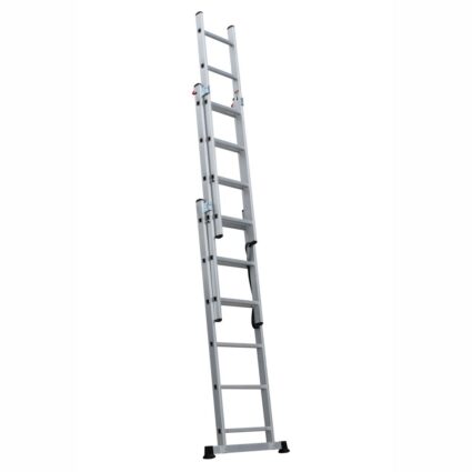 Scara 3 tronsoane culisante universala ST 3×9 trepte Lmax-5.9m Lmin-2.6m H forma A-2.4m din aluminiu