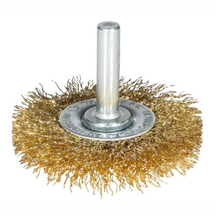 Perie sarma disc INTENSIV D-50mm grosime fir 0.3mm L-12mm g-7mm despletit din otel alamit prindere cu tija d-6mm
