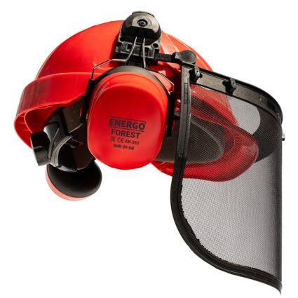 Set casca de protectie cu antifoane externe si viziera din plasa metalica FOREST rosu