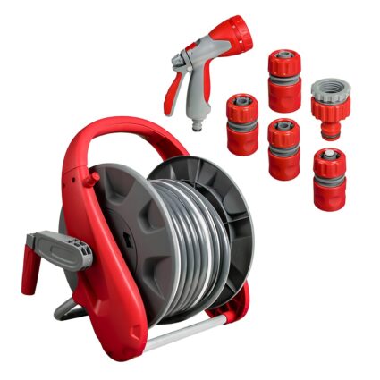 Furtun gradina AQUA KIT D-1/2″ L-25m cu tambur mobil si pistol pentru stropit cu 8 functii cuple rapide si adaptor robinet 3/4″-1/2″