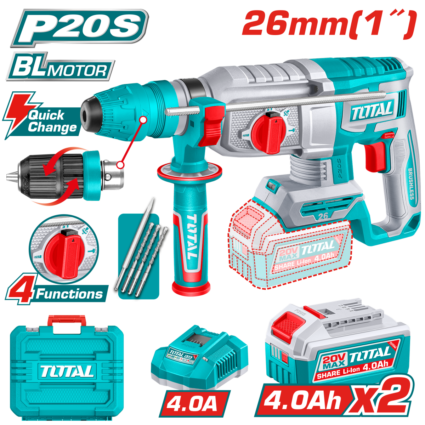 CIOCAN ROTOPERCUTOR – 2.5J – LI-ION – 20V – MOTOR FARA PERII (INCLUDE 2 ACUMULATORI, INCARCA – TOTAL