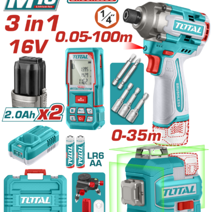 Kit Combo 16V – Masina De Insurubat, Telemetru Laser, Nivela Laser (Include Acumulator Si In – Total, Brushless