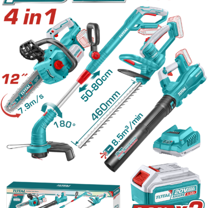 KIT COMBO 20V – 4.0Ah – DRUJBA, TRIMMER PENTRU GARD VIU, SUFLANTA, TRIMMER DE TUNS IARBA (IN – TOTAL, Brushless