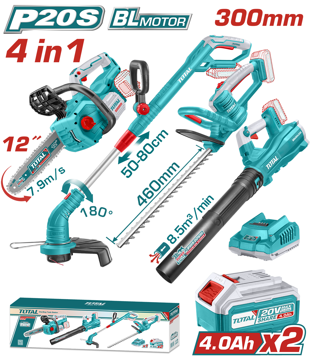 KIT COMBO 20V - 4.0Ah - DRUJBA, TRIMMER PENTRU GARD VIU, SUFLANTA, TRIMMER DE TUNS IARBA (IN - TOTAL