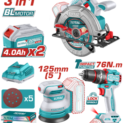 KIT COMBO 20V – 4.0Ah – FIERASTRAU CIRCULAR, SLEFUITOR , MASINA DE GAURIT CU IMPACT (INCLUDE – TOTAL, Brushless
