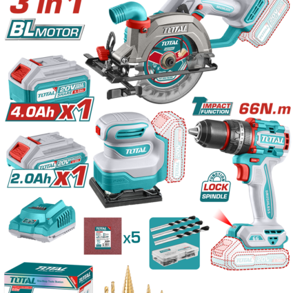 Kit Combo 20V – Fierastrau Circular, Masina De Gaurit Cu Impact, Slefuitor (Include 2 Acumul – Total, Brushless