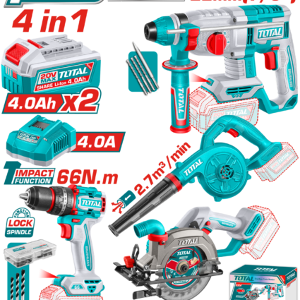 Kit Combo 20V – Masina De Gaurit, Ciocan Rotopercutor, Fierastrau Circular, Suflanta (Includ – Total, Brushless
