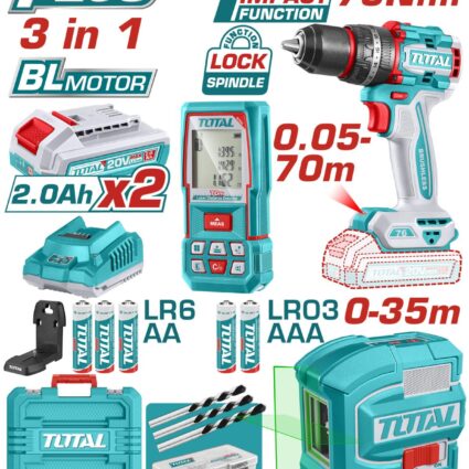Kit Combo 20V – Masina De Gaurit Cu Impact, Nivela Laser, Telemetru (Include 2 Acumulatori, – Total, Brushless