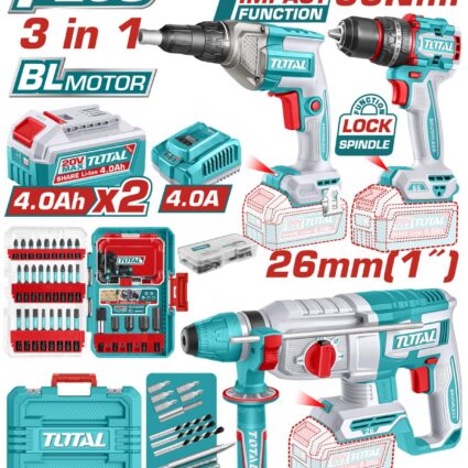 Kit Combo 20V – Masina De Gaurit Cu Impact, Surubelnita Cu Opritor, Ciocan Rotopercutor (In – Total, Brushless