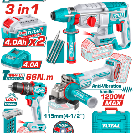 Kit Combo – 20V – Masina De Gaurit, Polizor Unghiular, Ciocan Rotopercutor (Include 2 Acumul – Total, 1200W, disc 115mm, Brushless