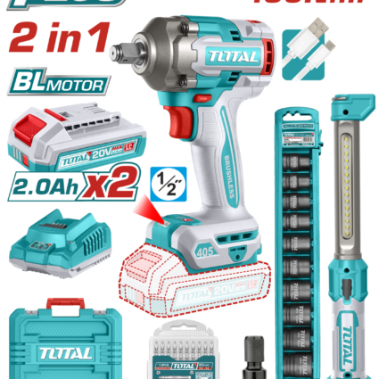 Kit Combo 20V – Masina De Insurubat Cu Impact, Lampa De Lucru (Include 2 Acumulatori Si 1 In – Total, Brushless