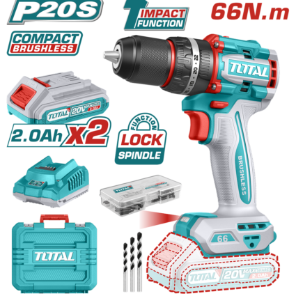 Masina De Gaurit Cu Percutie – 20V – 2Ah – Motor Fara Perii (Include 2 Acumulatori, 1 Incarc – Total, Brushless
