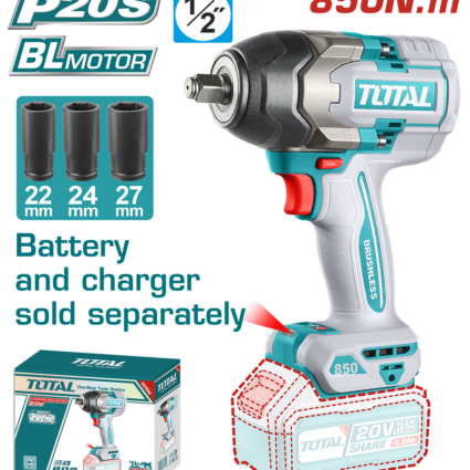 MASINA DE INSURUBAT CU IMPACT – 20V – 850N.m MOTOR FARA PERII (NU INCLUDE ACUMULATOR) – 1/2″ – TOTAL, Brushless