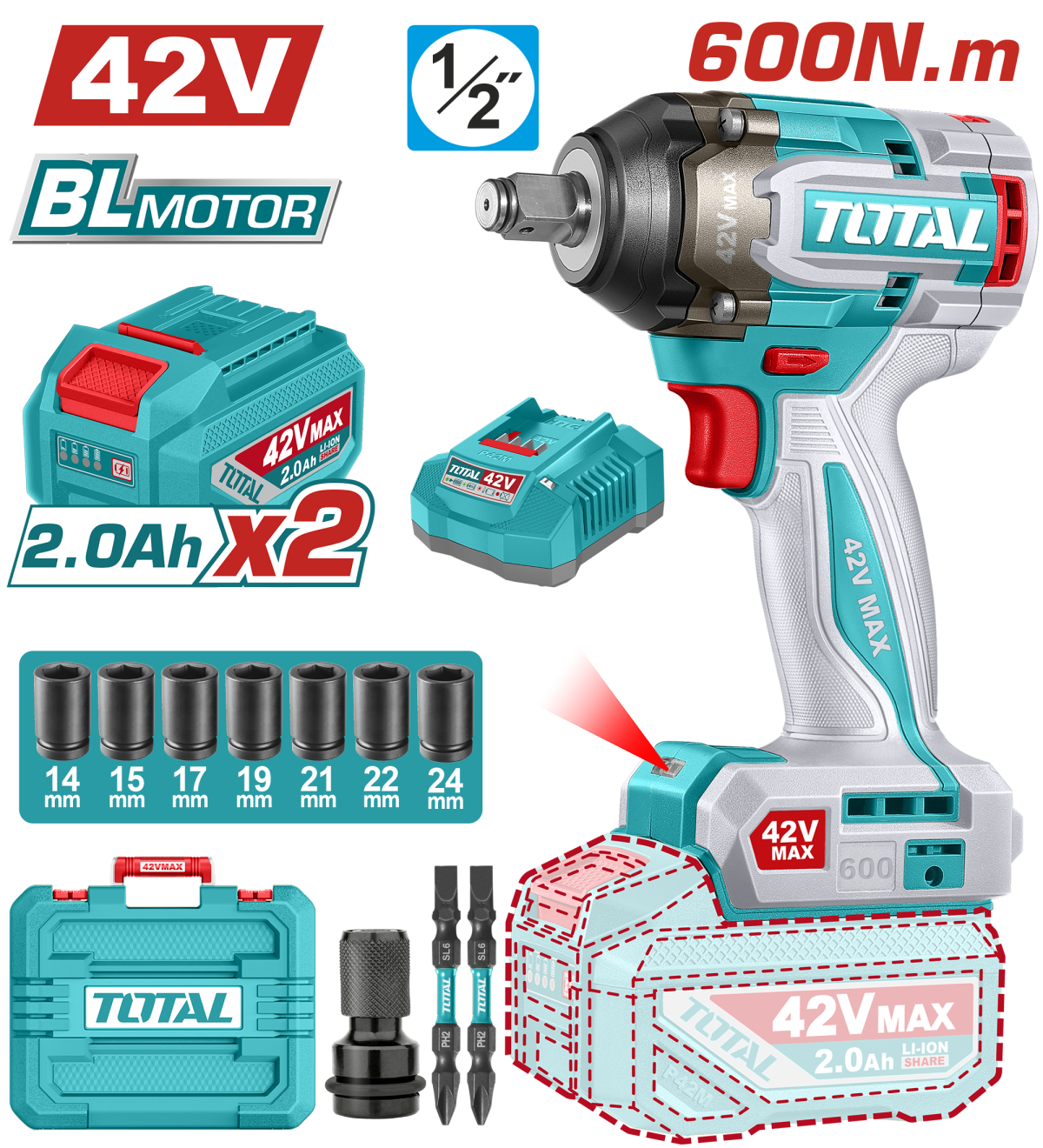 MASINA DE INSURUBAT CU IMPACT - 42V - 1/2'' (INCLUDE 2 ACUMULATORI, 1 INCARCATOR) - TOTAL