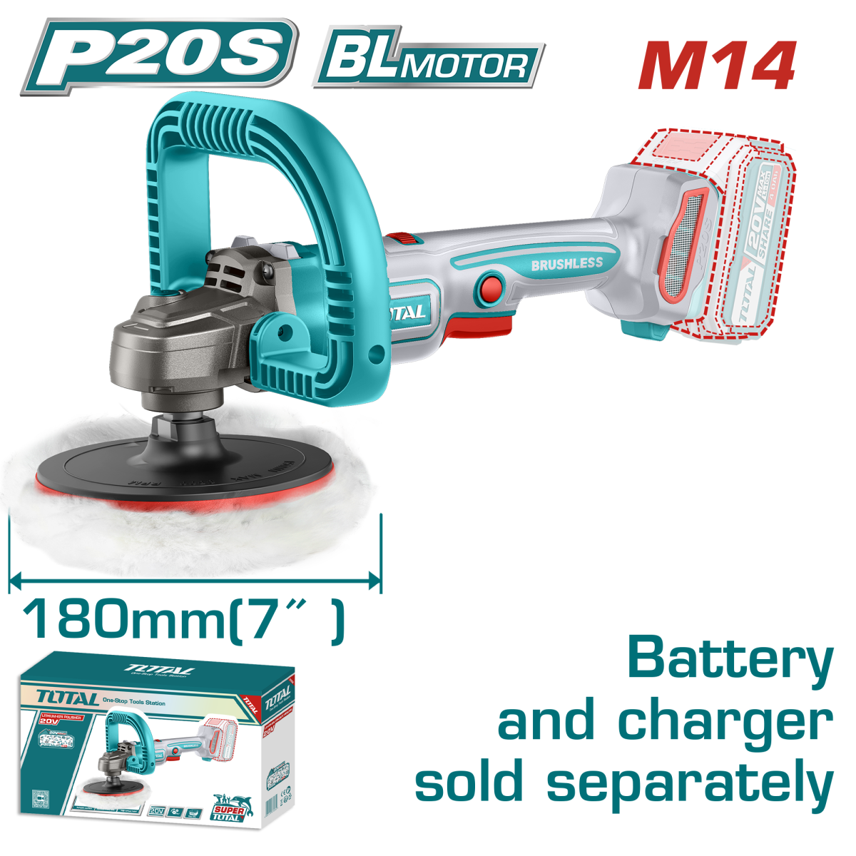 MASINA DE POLISAT CU MOTOR FARA PERII - 20V -180MM (NU INCLUDE ACUMULATOR) - TOTAL