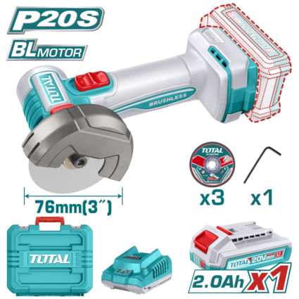 MINI POLIZOR UNGHIULAR – 20V – 2.0Ah (INCLUDE ACUMULATOR SI INCARCATOR) – TOTAL, Brushless