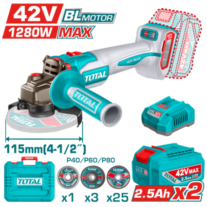 POLIZOR UNGHIULAR – 115MM – 42V – 1280W (INCLUDE 2 ACUMULATORI, 1 INCARCATOR) – TOTAL