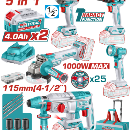 SET 5 UNELTE – 20V – CU 2 ACUMULATORI 4.0Ah SI INCARCATOR (INDUSTRIAL) – TOTAL, 1000W, disc 115mm, Brushless
