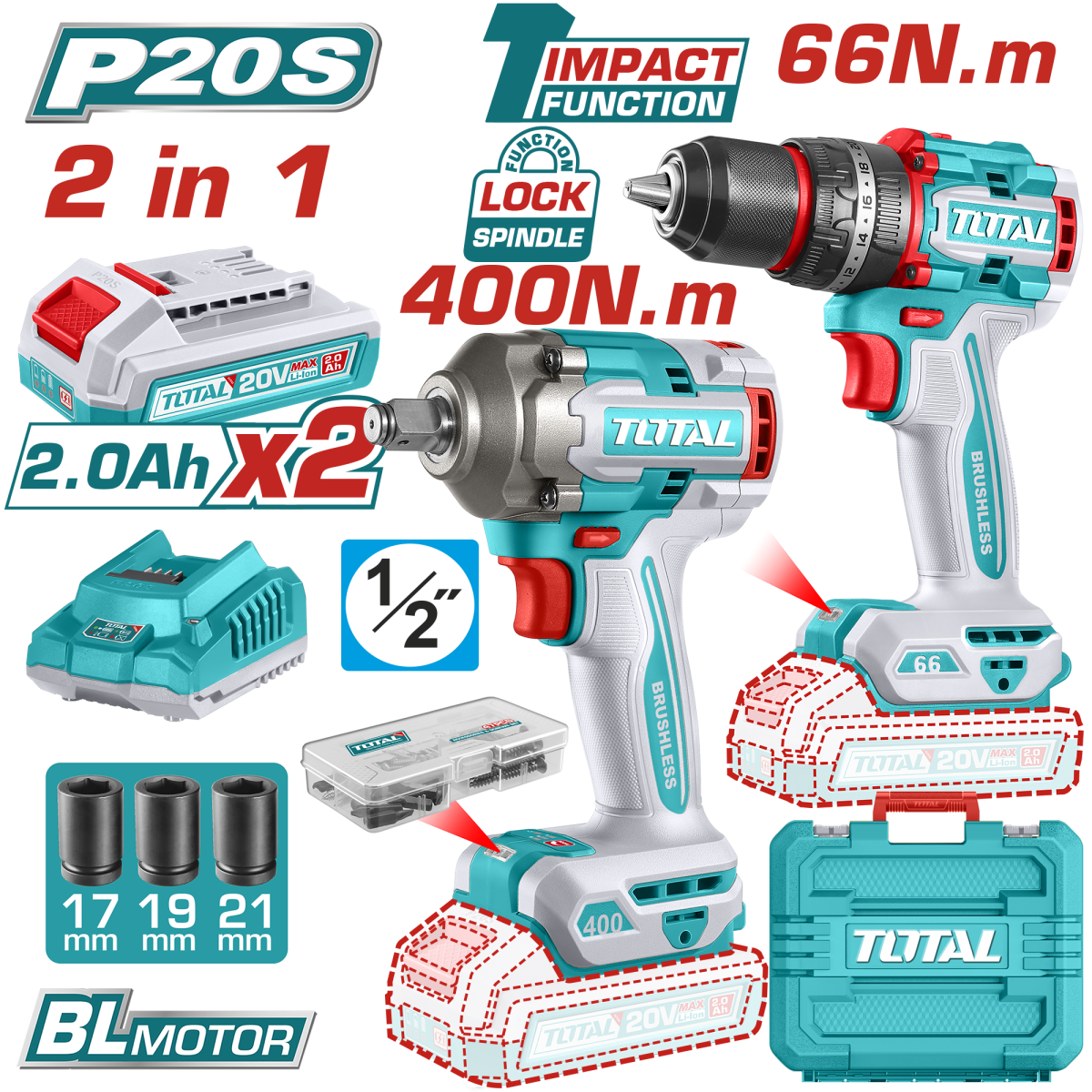 Set Scule Electrice Cu 2 Unelte Cu Motor Fara Perii – 20V (Include 2 Acumulator Si Incarcato - Total, Brushless