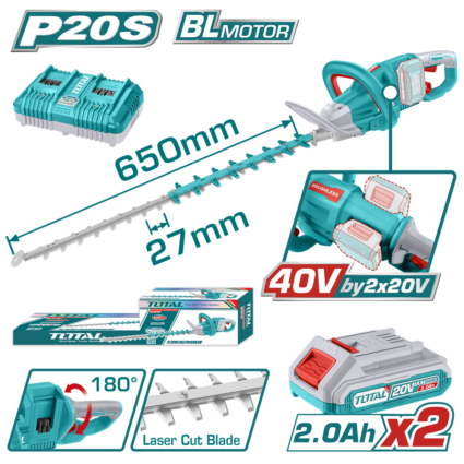 TRIMMER PENTRU TUNS GARD VIU – LI-ION – 40V (INCLUDE ACUMULATOR SI INCARCATOR) – TOTAL