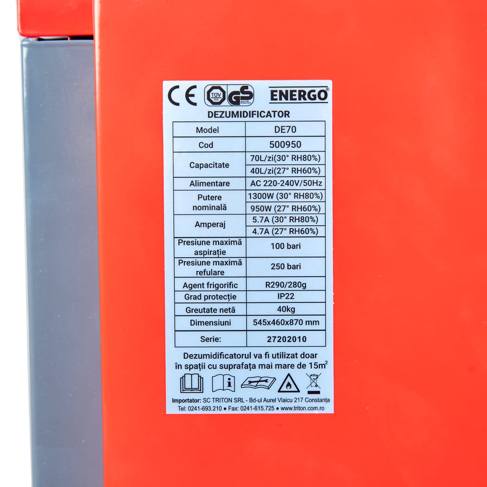 Dezumidificator aer DE70 capacitate 70 L/24 h debit 400 mc/h pentru incinte 1000 mc 1300 W 230 V - imagine 6